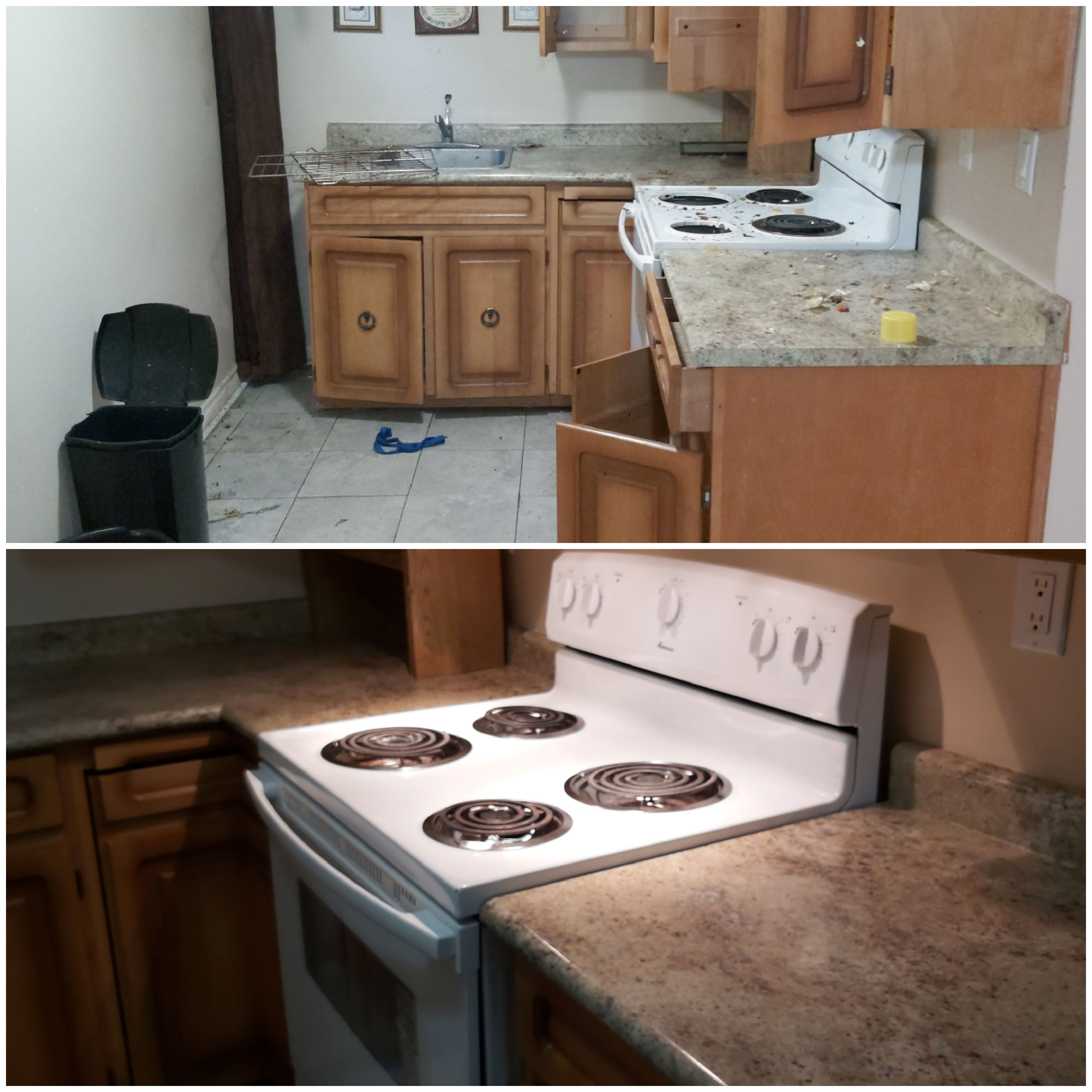 Before and after picture of a kitchen, with stove and cabinets