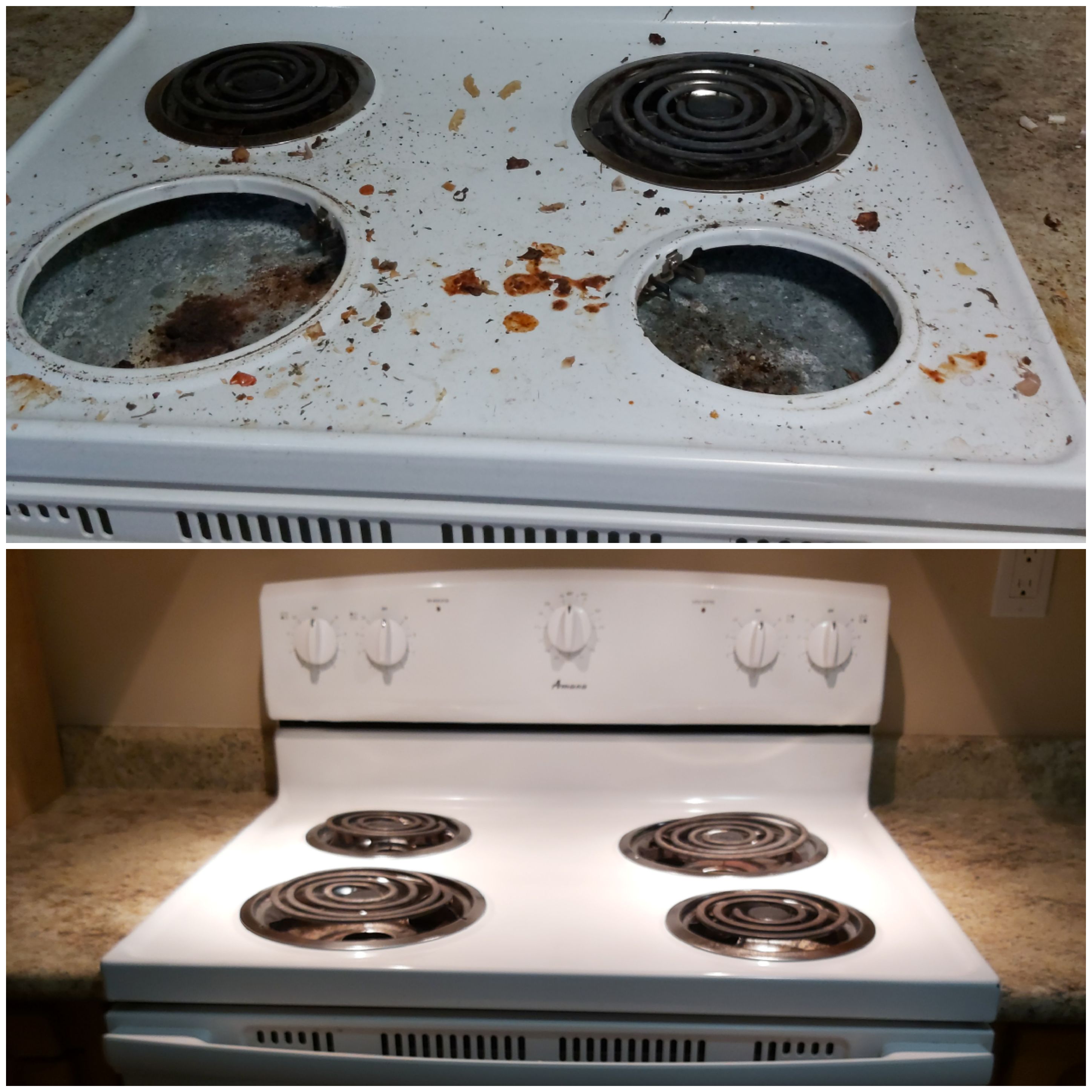 before and after picture of a stove