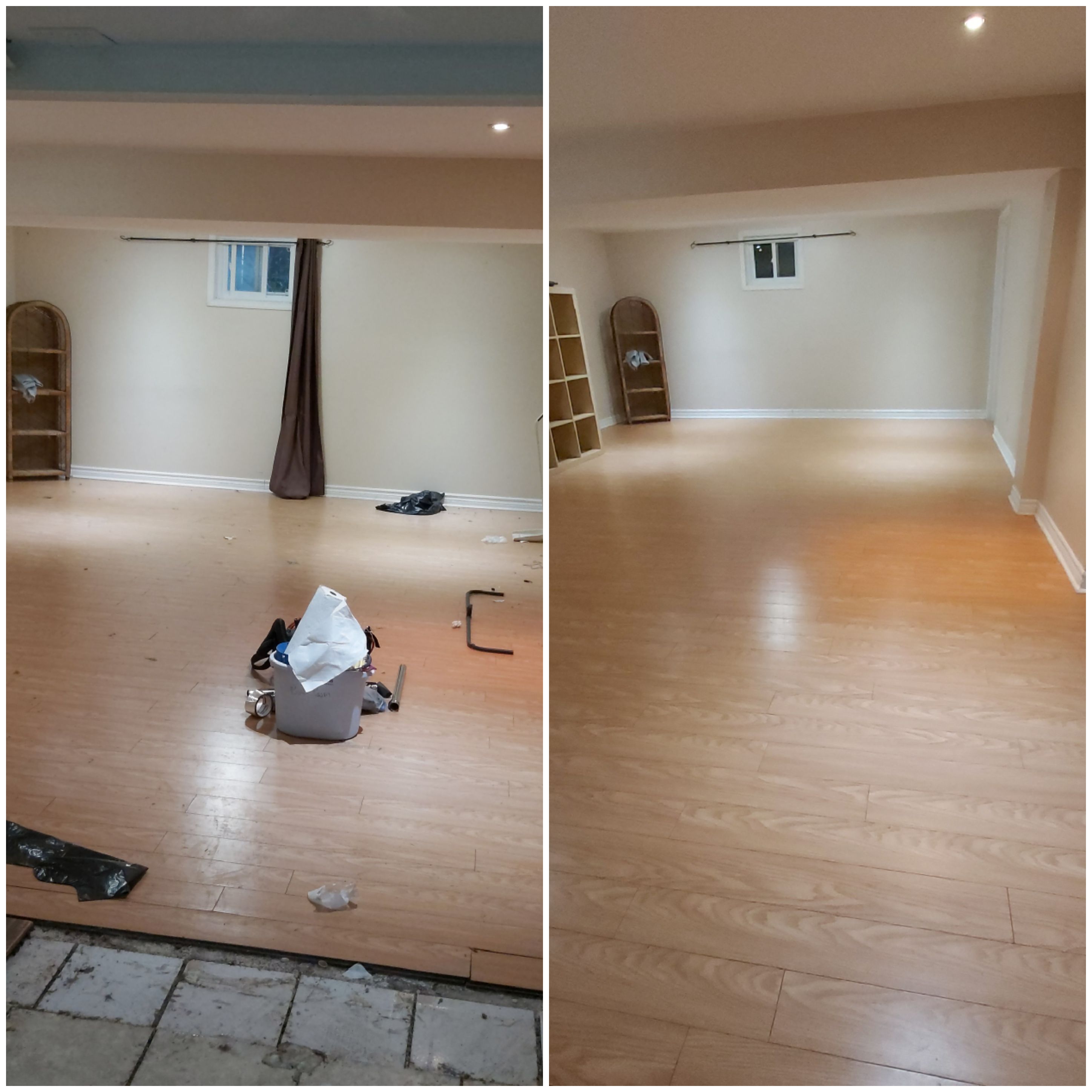 before and after pictures of a floor in basement